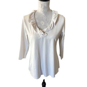 Lulu-B Ruffle Neck Top UPF 50+ White Long Sleeve Stretchy Small Womens